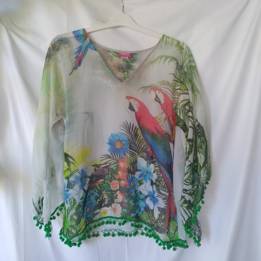 Ranees Miami Cover Up Womens Size XS Sheer Tropical Pom Pom Tassel